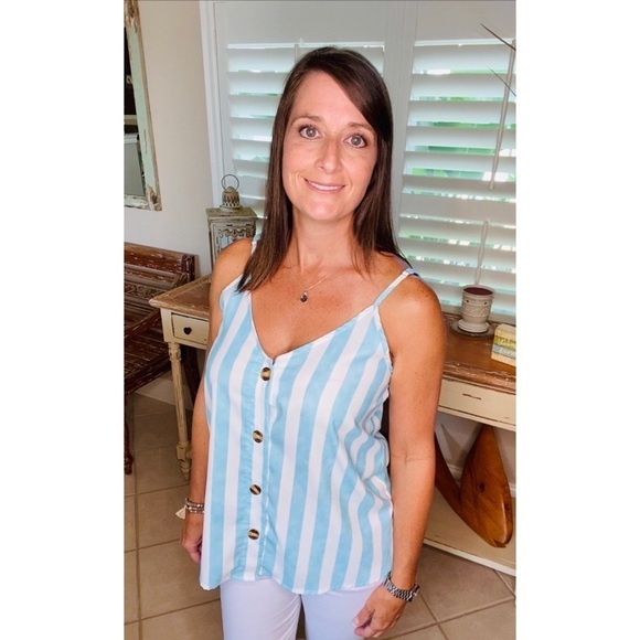 Striped V-neck Button Up Tank Top Blue 2820 - Picture 1 of 3